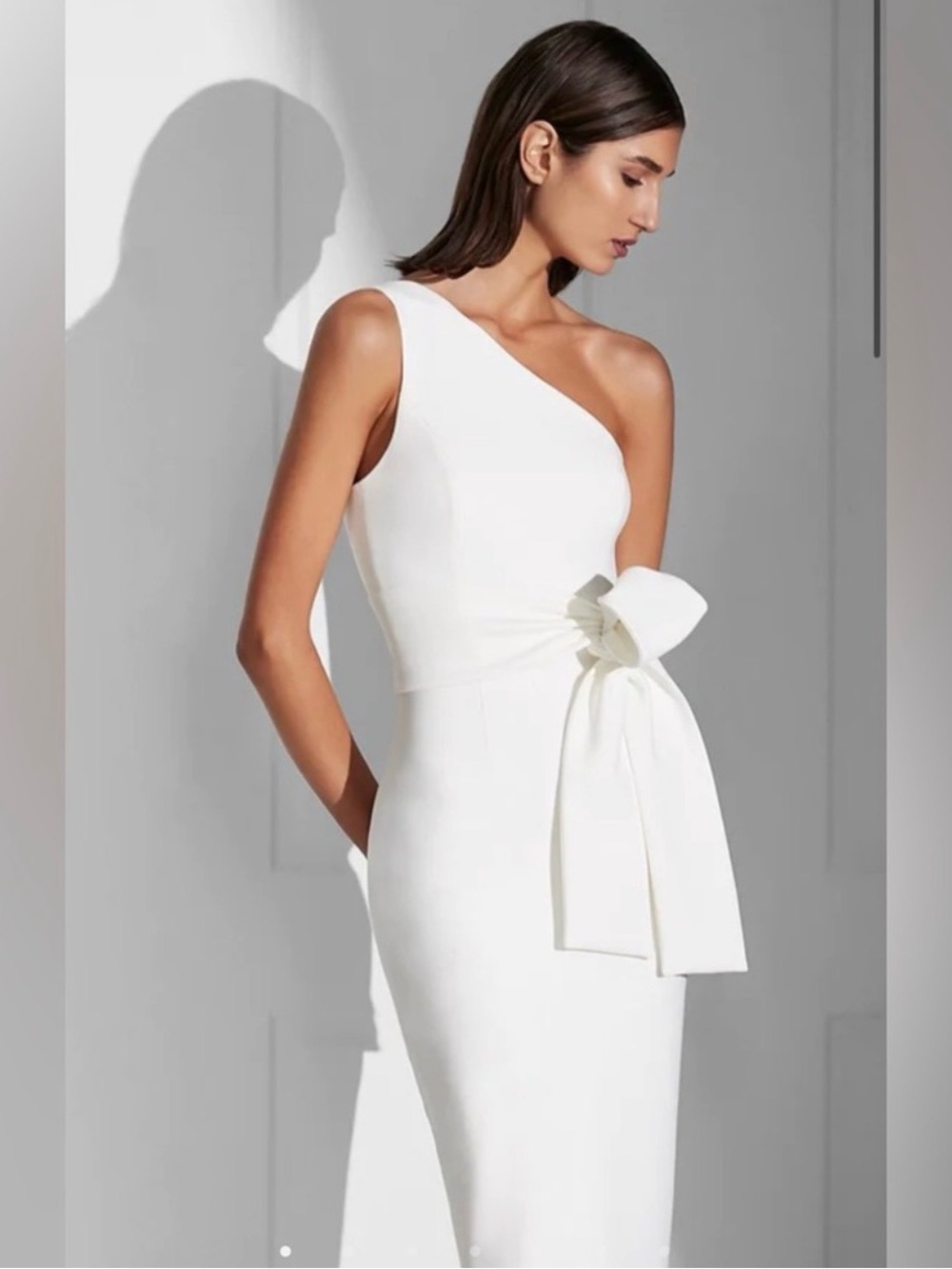 Shona Joy One-Shoulder White Dress with Sculpted Side Bow